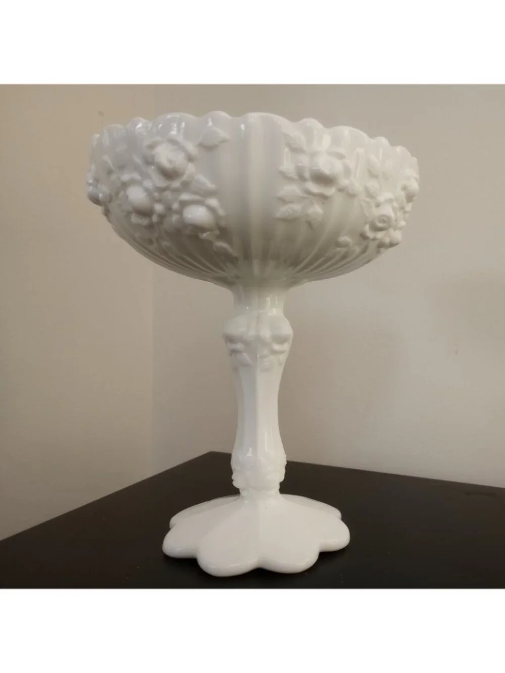 Fenton Milk Glass Scalloped Chalice Roses White Pedestal Candy Dish Vintage
